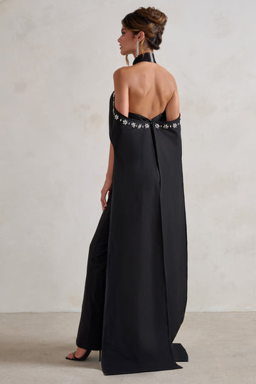 Angel Black High Neck Jumpsuit with Cold Shoulder Cape Sleeves